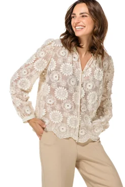 Femmes Caroline Biss Hauts*1605-34 / Blouse Droite En Tulle Stretch Avec Broderie