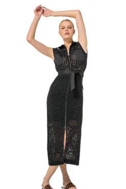 Femmes Caroline Biss Robes*1143-10 / Robe Midi Droite En Dentelle